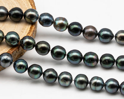 8-9mm Tahitian Pearl in Full Strand with Minor Blemishe, Natural Colors , Temporarily Strung Black Pearls for Jewelry Making, SKU # 3334TH
