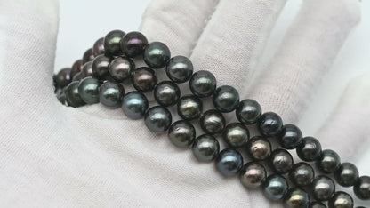 8-9mm Tahitian Pearl in Full Strand, Natural Colors with High Luster, Temporarily Strung Black Pearls for Jewelry Making, SKU # 2873TH