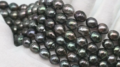 9-10mm Tahitian Pearl in Full Strand, Natural Colors with High Luster, Temporarily Strung Black Pearls for Jewelry Making, SKU # 3134TH
