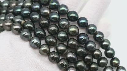 9-10mm Tahitian Pearl in Full Strand, Natural Colors with High Luster, Temporarily Strung Black Pearls for Jewelry Making, SKU # 3053TH