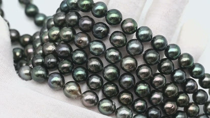 9-10mm Tahitian Pearl in Full Strand, Natural Colors with High Luster, Temporarily Strung Black Pearls for Jewelry Making, SKU # 2876TH