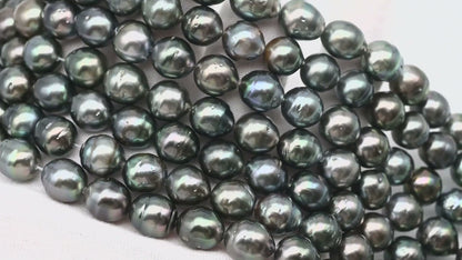 9-10mm Tahitian Pearl in Full Strand, Natural Colors with High Luster, Temporarily Strung Black Pearls for Jewelry Making, SKU # 3132TH