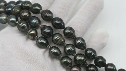 10-11mm Tahitian Pearl in Full Strand, Natural Colors with High Luster, Temporarily Strung Black Pearls for Jewelry Making, SKU # 3048TH