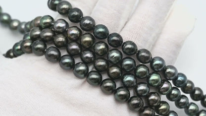 8-9mm Tahitian Pearl in Full Strand, Natural Colors with High Luster, Temporarily Strung Black Pearls for Jewelry Making, SKU # 2877TH