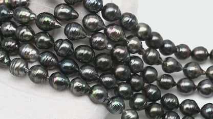 9-10mm Tahitian Pearl in Full Strand, Natural Colors with High Luster, Temporarily Strung Black Pearls for Jewelry Making, SKU # 3139TH