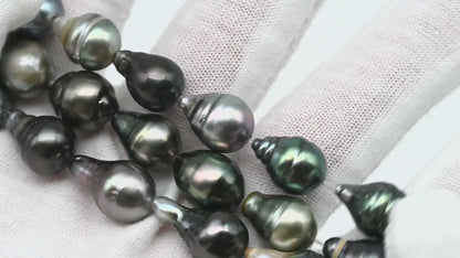 9-10mm Tahitian Pearl Teardrop in High Luster and Natural Color with Blemishes for Beading in Full Strand, SKU # 1708TH
