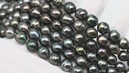 9-10mm Tahitian Pearl in Full Strand, Natural Colors with High Luster, Temporarily Strung Black Pearls for Jewelry Making, SKU # 3136TH