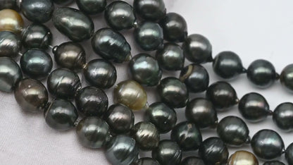 11-12mm Tahitian Pearl in Full Strand, Natural Colors with High Luster, Temporarily Strung Black Pearls for Jewelry Making, SKU # 3041TH