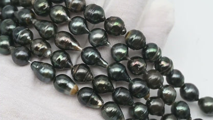 9-10mm Tahitian Pearl in Full Strand, Natural Colors with High Luster, Temporarily Strung Black Pearls for Jewelry Making, SKU # 3050TH