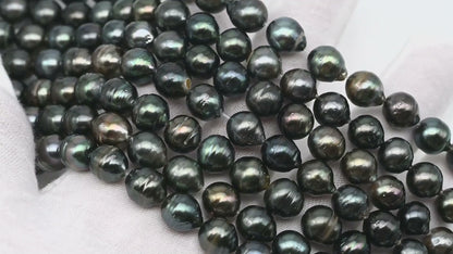8-9mm Tahitian Pearl in Full Strand, Natural Colors with High Luster, Temporarily Strung Black Pearls for Jewelry Making, SKU # 3054TH