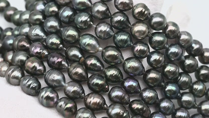 9-10mm Tahitian Pearl in Full Strand, Natural Colors with High Luster, Temporarily Strung Black Pearls for Jewelry Making, SKU # 3137TH