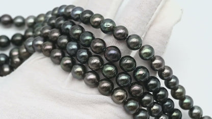 9-10mm Tahitian Pearl in Full Strand, Natural Colors with High Luster, Temporarily Strung Black Pearls for Jewelry Making, SKU # 2872TH