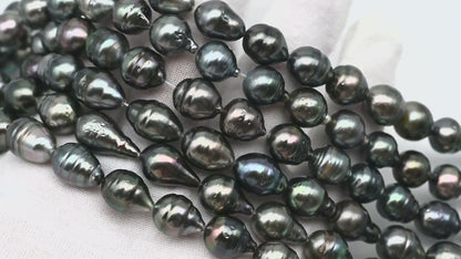 9-10mm Tahitian Pearl in Full Strand, Natural Colors with High Luster, Temporarily Strung Black Pearls for Jewelry Making, SKU # 3138TH