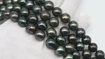 10-11mm Tahitian Pearl in Full Strand, Natural Colors with High Luster, Temporarily Strung Black Pearls for Jewelry Making, SKU # 3047TH