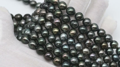 9-10mm Tahitian Pearl in Full Strand, Natural Colors with High Luster, Temporarily Strung Black Pearls for Jewelry Making, SKU # 2865TH