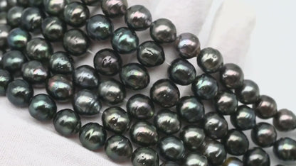 9-10mm Tahitian Pearl in Full Strand, Natural Colors with High Luster, Temporarily Strung Black Pearls for Jewelry Making, SKU # 3133TH