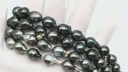 10-11mm Tahitian Pearl in Full Strand, Natural Colors with High Luster, Temporarily Strung Black Pearls for Jewelry Making, SKU # 2864TH