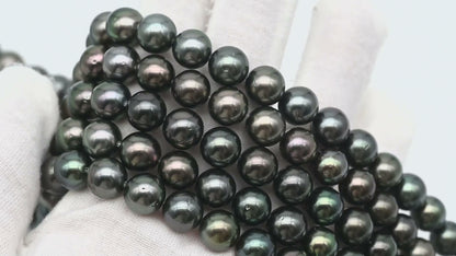 9-10mm Tahitian Pearl in Full Strand, Natural Colors with High Luster, Temporarily Strung Black Pearls for Jewelry Making, SKU # 2879TH