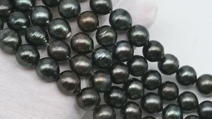 11-12mm Tahitian Pearl in Full Strand, Natural Colors with High Luster, Temporarily Strung Black Pearls for Jewelry Making, SKU # 3042TH
