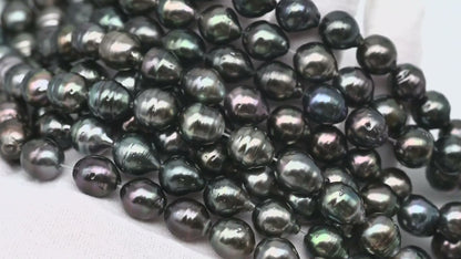 9-10mm Tahitian Pearl in Full Strand, Natural Colors with High Luster, Temporarily Strung Black Pearls for Jewelry Making, SKU # 3135TH