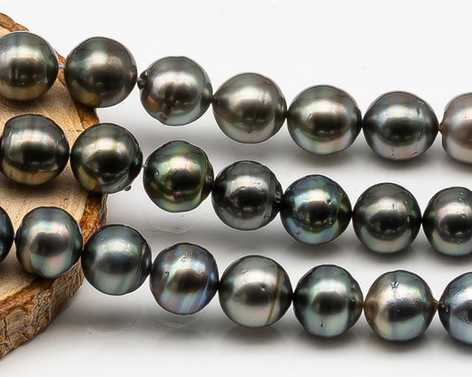 11-12mm Tahitian Pearl in Full Strand, Natural Colors , Temporarily Strung Black Pearls for Jewelry Making, SKU # 3258TH