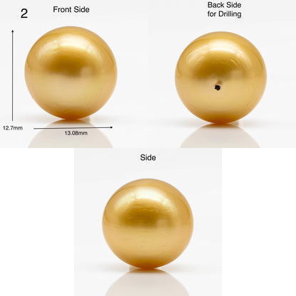 12-13mm Golden South Sea Pearl in Round Undrilled Single Piece, Natural Color with High Luster for Jewelry Making, SKU # 1903GS