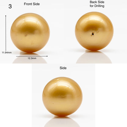 12-13mm Golden South Sea Pearl in Round Undrilled Single Piece, Natural Color with High Luster for Jewelry Making, SKU # 1903GS