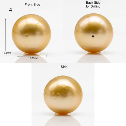 12-13mm Golden South Sea Pearl in Round Undrilled Single Piece, Natural Color with High Luster for Jewelry Making, SKU # 1903GS