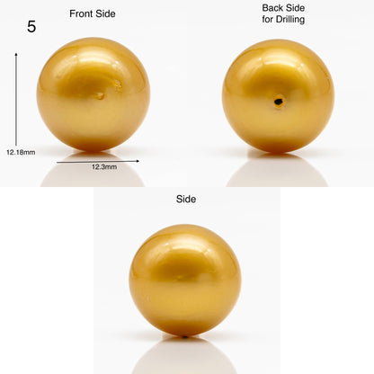 12-13mm Golden South Sea Pearl in Round Undrilled Single Piece, Natural Color with High Luster for Jewelry Making, SKU # 1903GS