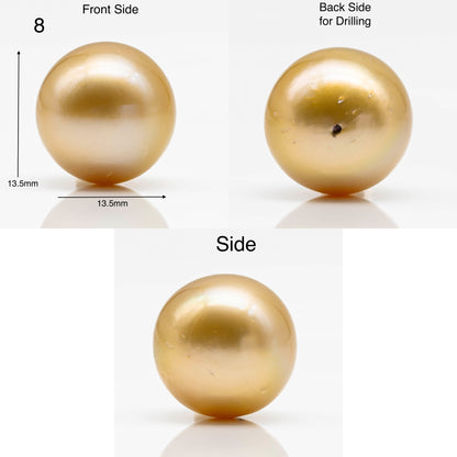 13-14mm Round Gold South Sea Pearl in Single Piece Undrilled, All Natural Color with High Luster for Jewelry Making, SKU # 1904GS