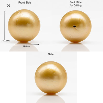 14-15mm Large Size Golden South Sea Pearl in Natural Color with High Luster, Round Single Piece Undrilled for Jewelry Making, SKU # 1905GS