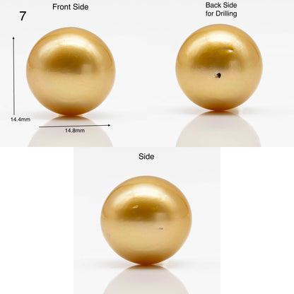 14-15mm Large Size Golden South Sea Pearl in Natural Color with High Luster, Round Single Piece Undrilled for Jewelry Making, SKU # 1905GS