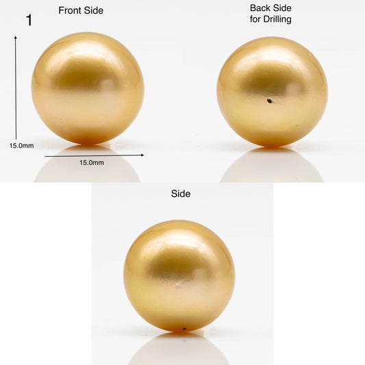 15-16mm Large Size Golden South Sea Pearl in Natural Color with High Luster, Round Single Piece Undrilled for Jewelry Making, SKU # 1906GS
