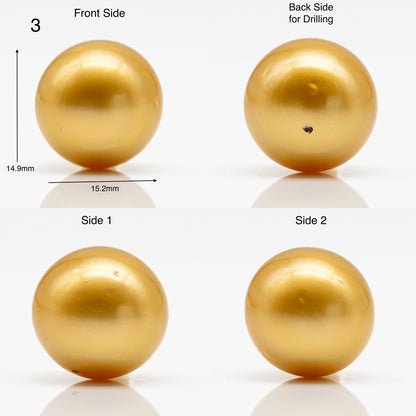 15-16mm Large Size Golden South Sea Pearl in Natural Color with High Luster, Round Single Piece Undrilled for Jewelry Making, SKU # 1906GS