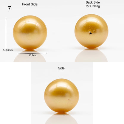 15-16mm Large Size Golden South Sea Pearl in Natural Color with High Luster, Round Single Piece Undrilled for Jewelry Making, SKU # 1906GS