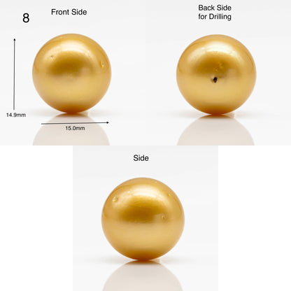 14-15mm Large Size Golden South Sea Pearl in Natural Color with High Luster, Round Single Piece Undrilled for Jewelry Making, SKU # 1905GS