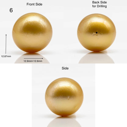 12-13mm Golden South Sea Pearl in Round Undrilled Single Piece, Natural Color with High Luster for Jewelry Making, SKU # 1903GS