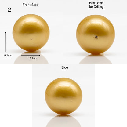 13-14mm Round Gold South Sea Pearl in Single Piece Undrilled, All Natural Color with High Luster for Jewelry Making, SKU # 1904GS