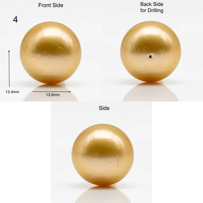 13-14mm Round Gold South Sea Pearl in Single Piece Undrilled, All Natural Color with High Luster for Jewelry Making, SKU # 1904GS
