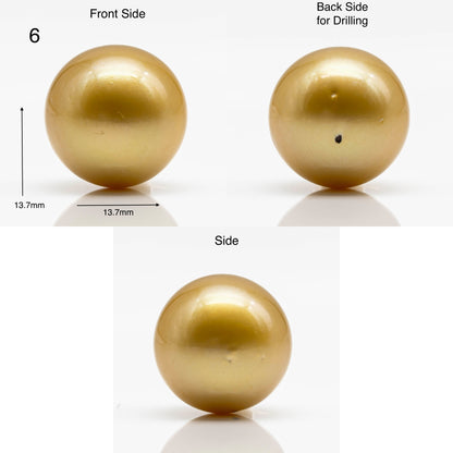 13-14mm Round Gold South Sea Pearl in Single Piece Undrilled, All Natural Color with High Luster for Jewelry Making, SKU # 1904GS