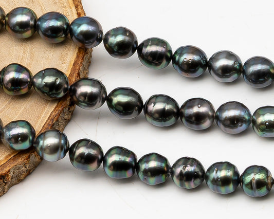 9-10mm Tahitian Pearl in Full Strand, Natural Colors with High Luster, Temporarily Strung Black Pearls for Jewelry Making, SKU # 3132TH