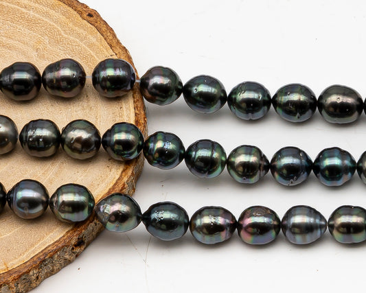 9-10mm Tahitian Pearl in Full Strand, Natural Colors with High Luster, Temporarily Strung Black Pearls for Jewelry Making, SKU # 3133TH