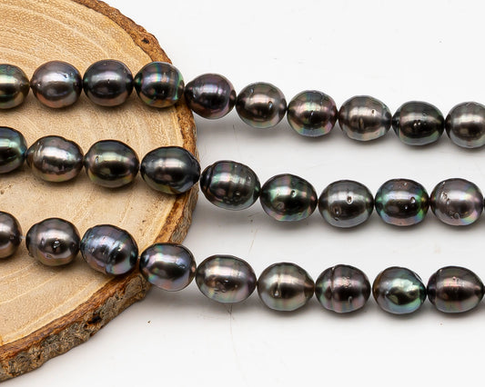 9-10mm Tahitian Pearl in Full Strand, Natural Colors with High Luster, Temporarily Strung Black Pearls for Jewelry Making, SKU # 3134TH