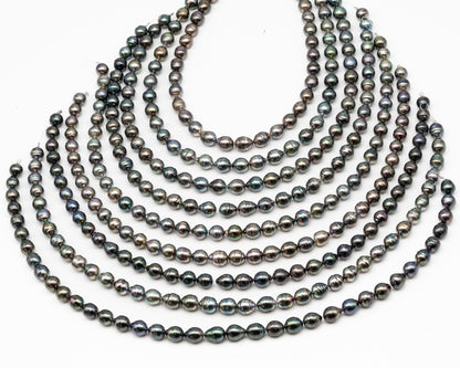 9-10mm Tahitian Pearl in Full Strand, Natural Colors with High Luster, Temporarily Strung Black Pearls for Jewelry Making, SKU # 3135TH