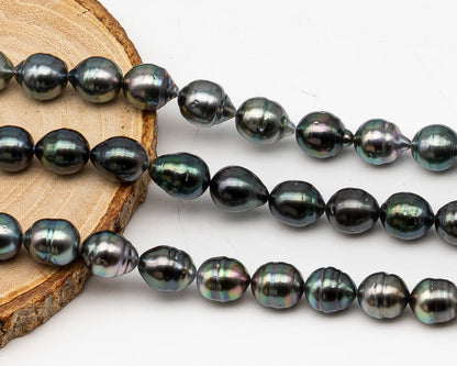 9-10mm Tahitian Pearl in Full Strand, Natural Colors with High Luster, Temporarily Strung Black Pearls for Jewelry Making, SKU # 3135TH