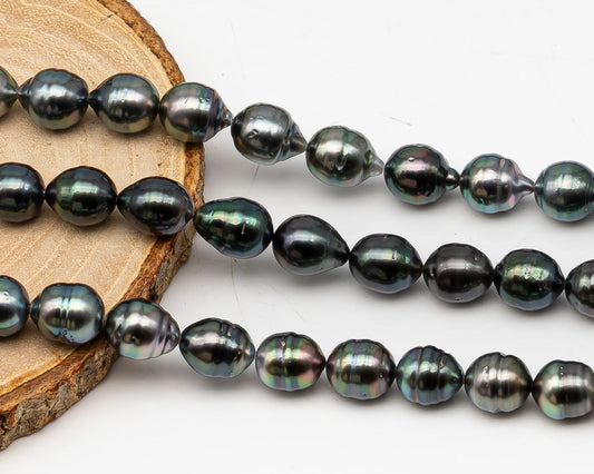 9-10mm Tahitian Pearl in Full Strand, Natural Colors with High Luster, Temporarily Strung Black Pearls for Jewelry Making, SKU # 3135TH