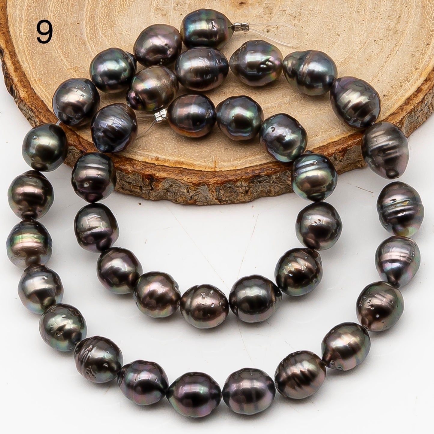 9-10mm Tahitian Pearl in Full Strand, Natural Colors with High Luster, Temporarily Strung Black Pearls for Jewelry Making, SKU # 3135TH