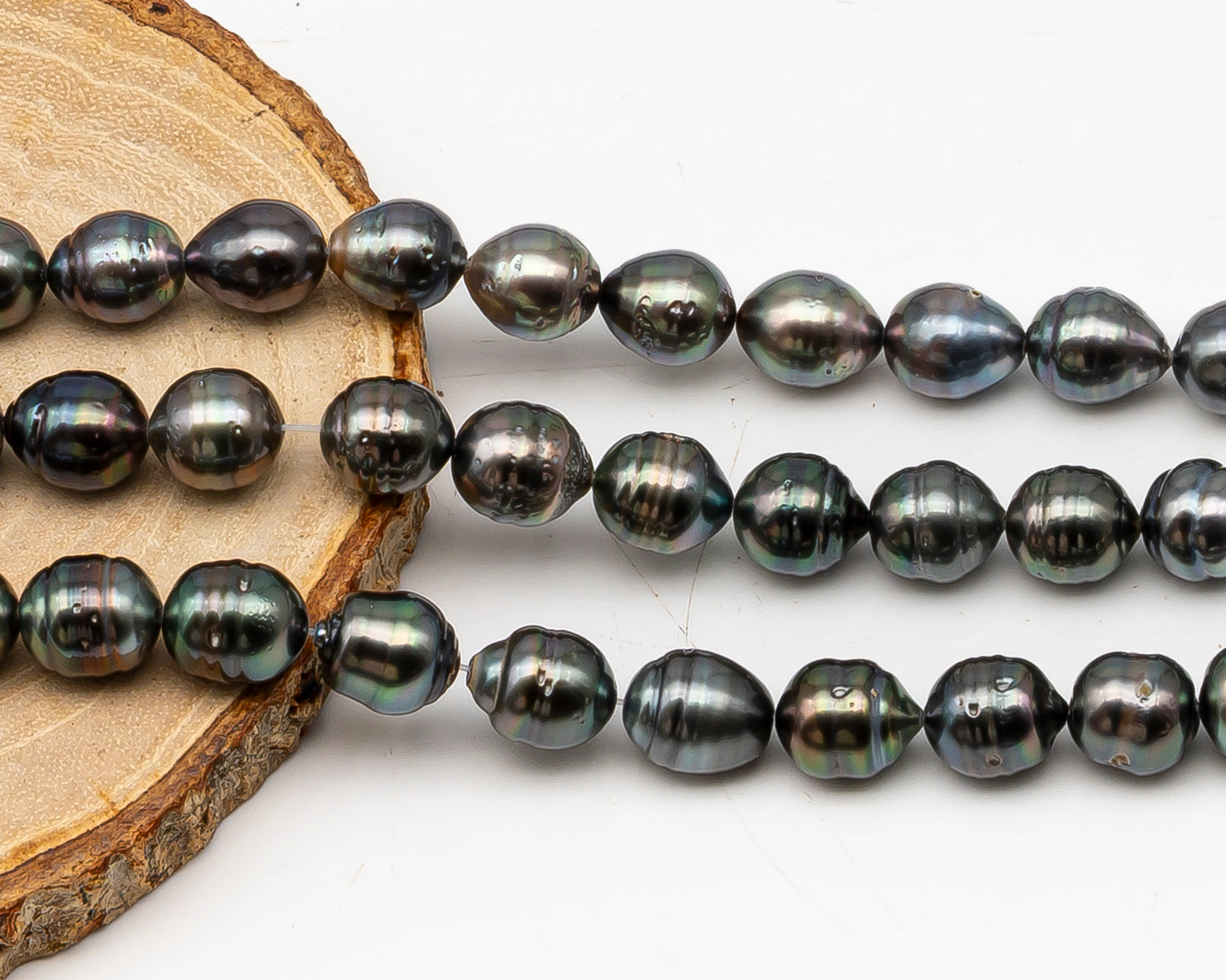 9-10mm Tahitian Pearl in Full Strand, Natural Colors with High Luster, Temporarily Strung Black Pearls for Jewelry Making, SKU # 3136TH
