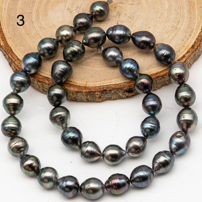 9-10mm Tahitian Pearl in Full Strand, Natural Colors with High Luster, Temporarily Strung Black Pearls for Jewelry Making, SKU # 3136TH