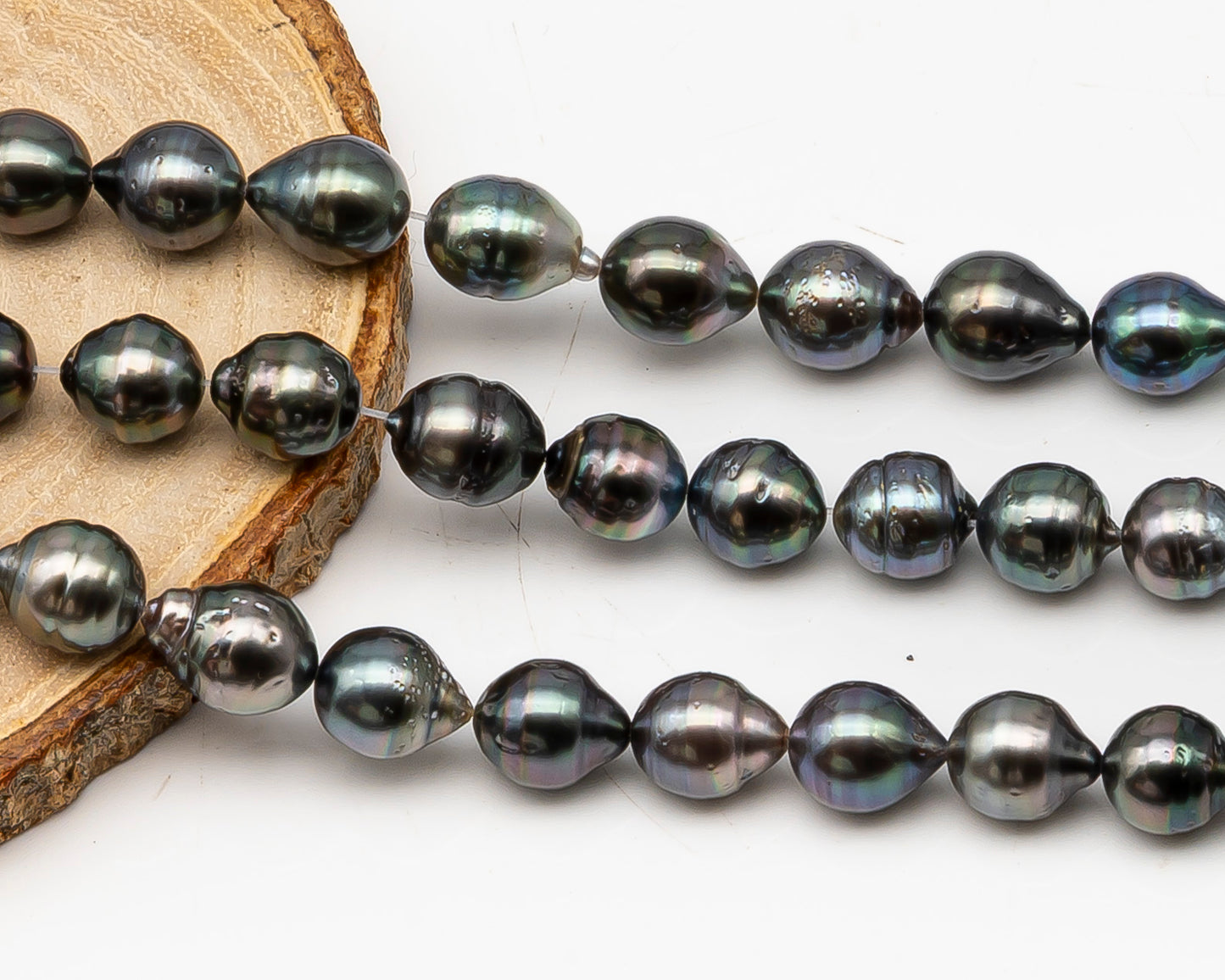 9-10mm Tahitian Pearl in Full Strand, Natural Colors with High Luster, Temporarily Strung Black Pearls for Jewelry Making, SKU # 3137TH